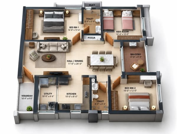 2.5 BHK Apartment floor plan — Purnaya Ekta
