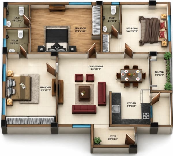 3 BHK Apartment floor plan — MRK Sri Kamatchi