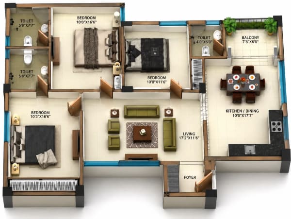 3 BHK Apartment floor plan — MRK Sri Kamatchi
