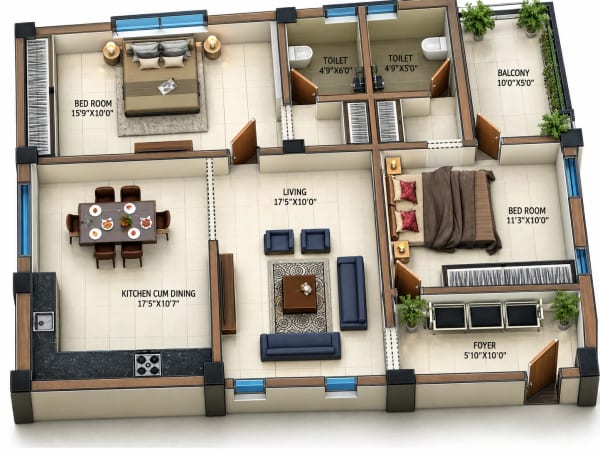 2 BHK Apartment floor plan — 1,437 sqft