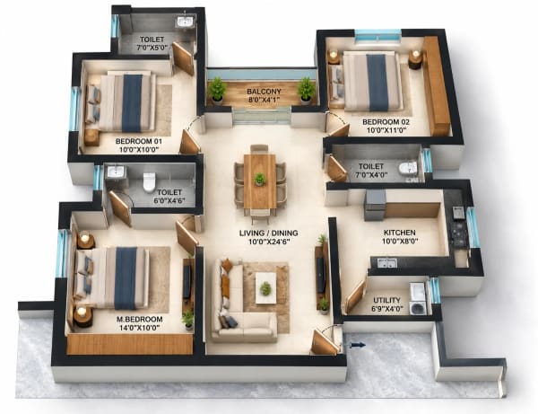 3 BHK Apartment floor plan — 1,142 sqft