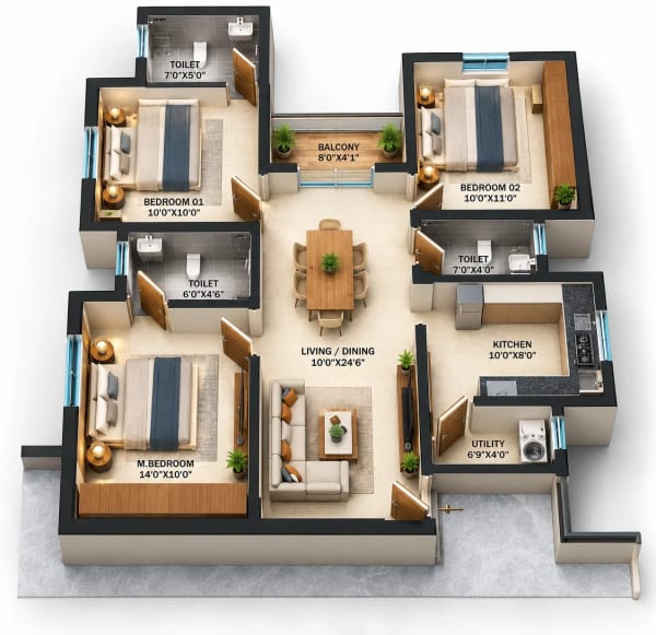 3 BHK Apartment floor plan — 1,193 sqft