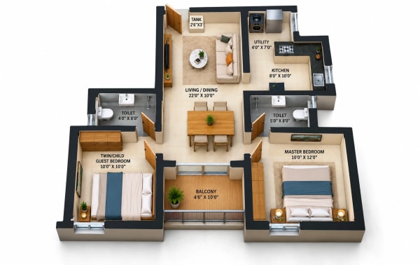 2 BHK Apartment floor plan — MUH 49 Phase 2
