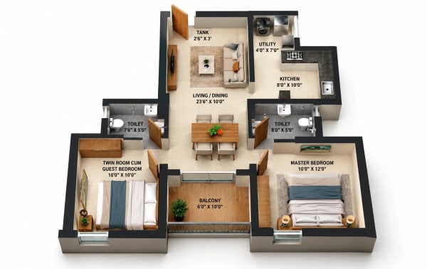 2 BHK Apartment floor plan — MUH 49 Phase 2