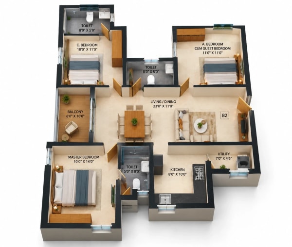 3 BHK Apartment floor plan — MUH 49 Phase 2