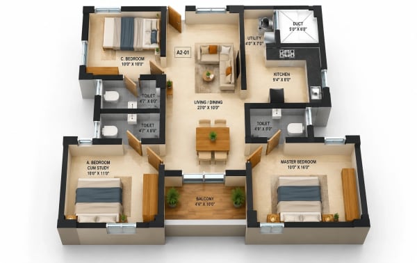 3 BHK Apartment floor plan — MUH 49 Phase 2