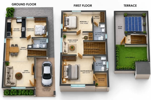 3 BHK Apartment floor plan — Unitd Plus Willa 25