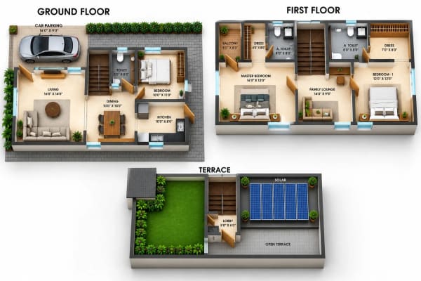 3 BHK Apartment floor plan — Unitd Plus Willa 25
