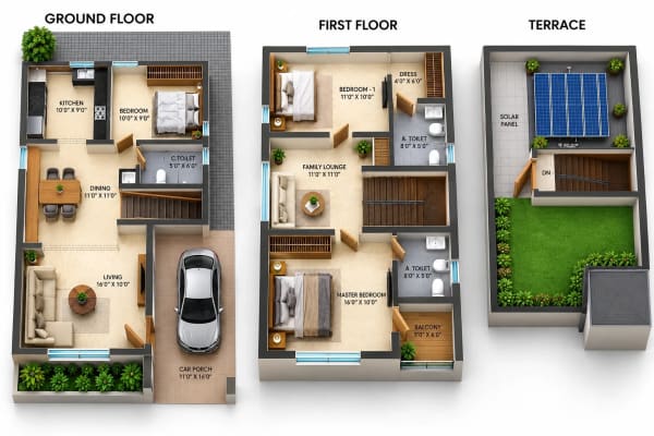 3 BHK Apartment floor plan — Unitd Plus Willa 25