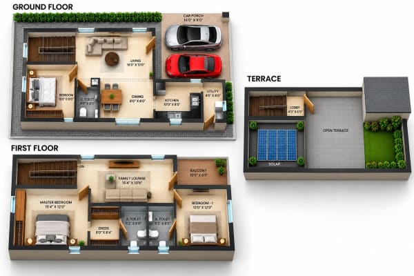 3 BHK Apartment floor plan — Unitd Plus Willa 25