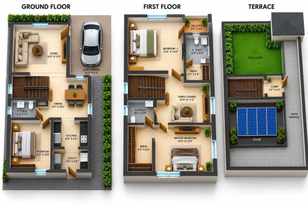 3 BHK Apartment floor plan — Unitd Plus Willa 25