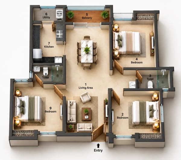 3 BHK Apartment floor plan — Jains Advaya