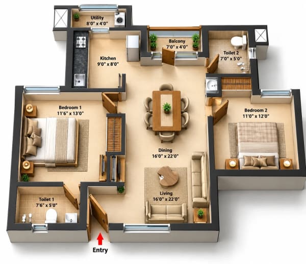 2 BHK Apartment floor plan — Jains Alpine Meadows