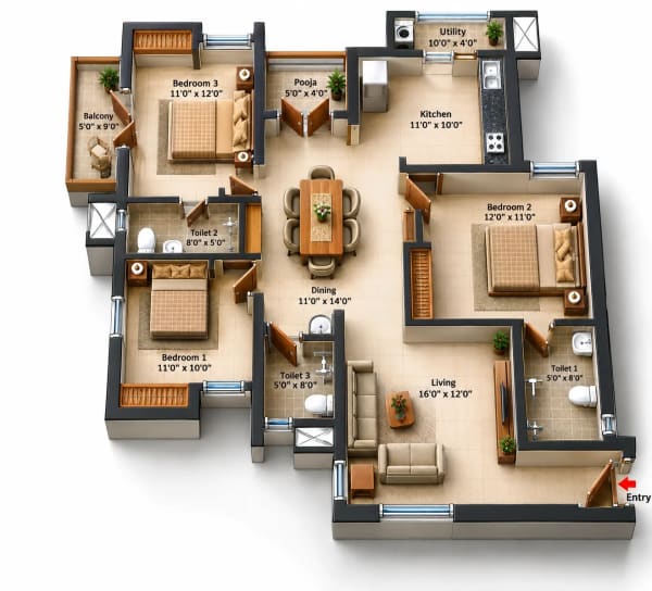 3 BHK Apartment floor plan — Jains Alpine Meadows