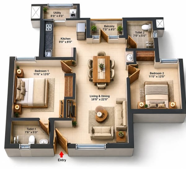 2 BHK Apartment floor plan — Jains Alpine Meadows