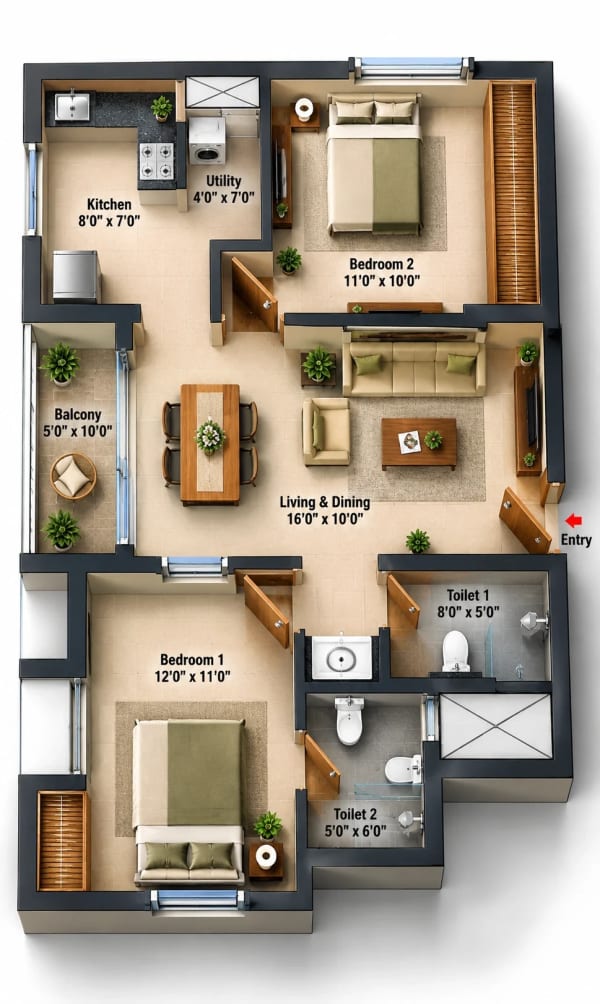 2 BHK Apartment floor plan — Jains Aashna