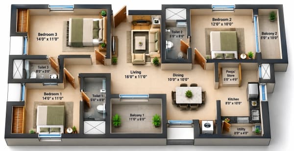 3 BHK Apartment floor plan — Jains Aashna