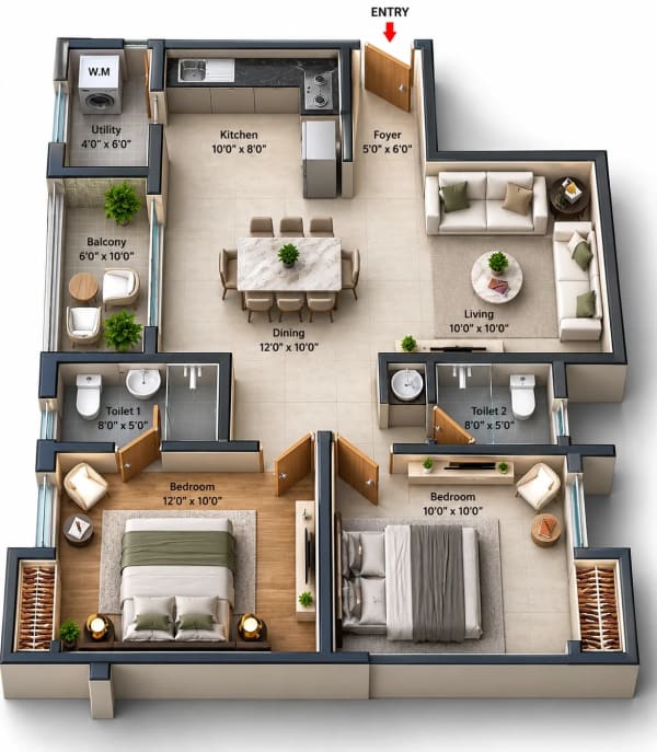 2 BHK Apartment floor plan — Jains Seven 77