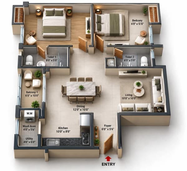 2 BHK Apartment floor plan — Jains Seven 77