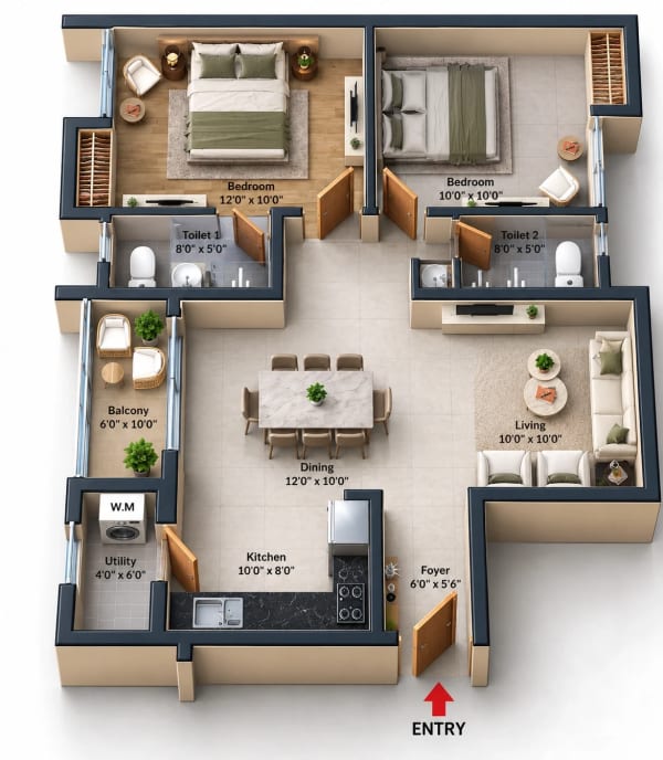 2 BHK Apartment floor plan — Jains Seven 77