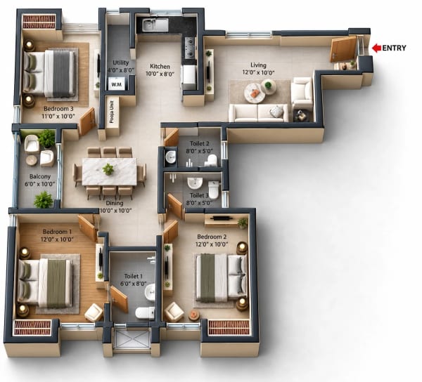 3 BHK Apartment floor plan — Jains Seven 77