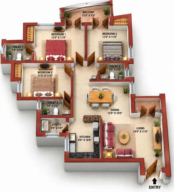 3 BHK Apartment floor plan — Jains Inseli Park