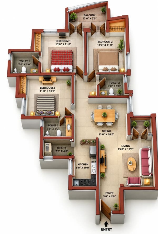 3 BHK Apartment floor plan — Jains Inseli Park