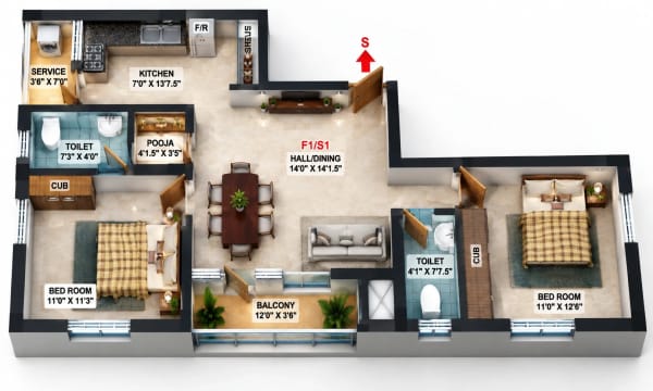 2 BHK Apartment floor plan — Sunrise Saranga Flats