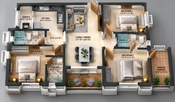 3 BHK Apartment floor plan — Nutech Central Park