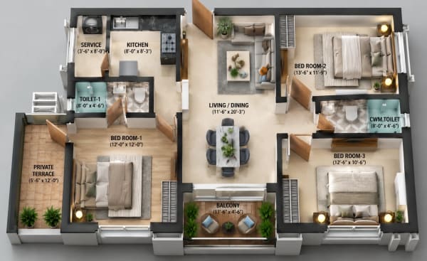 3 BHK Apartment floor plan — Nutech Central Park