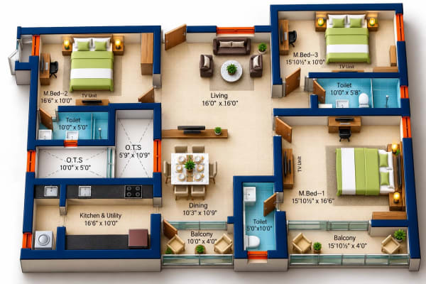 3 BHK Apartment floor plan — Sree Dakshas Ilaria