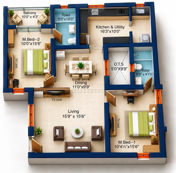 2 BHK Apartment floor plan — Sree Dakshas Ilaria