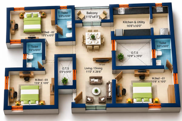 3 BHK Apartment floor plan — Sree Dakshas Ilaria