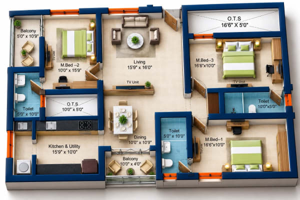 3 BHK Apartment floor plan — Sree Dakshas Ilaria
