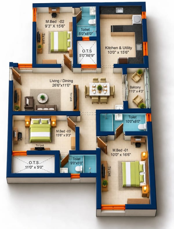 3 BHK Apartment floor plan — Sree Dakshas Ilaria