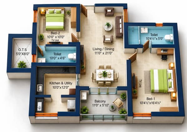 2 BHK Apartment floor plan — Sree Dakshas Ilaria