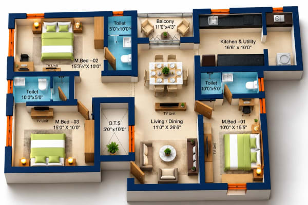 3 BHK Apartment floor plan — Sree Dakshas Ilaria