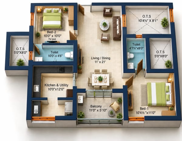 2 BHK Apartment floor plan — Sree Dakshas Ilaria