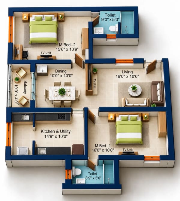 2 BHK Apartment floor plan — Sree Dakshas Ilaria