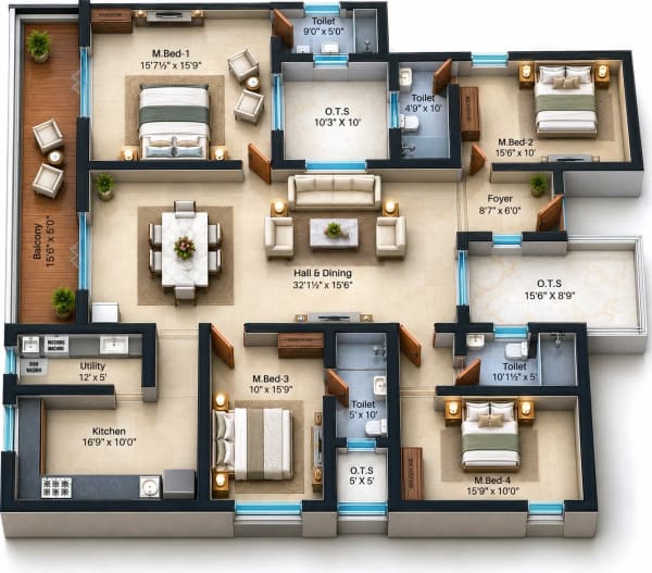 4 BHK Apartment floor plan — Sree Dakshas Beatriz