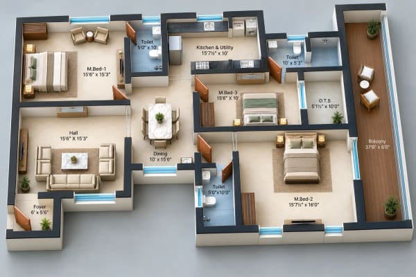 3 BHK Apartment floor plan — Sree Dakshas Beatriz