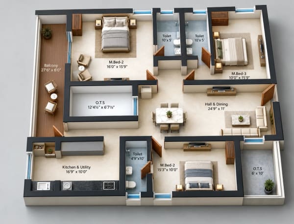 3 BHK Apartment floor plan — Sree Dakshas Beatriz