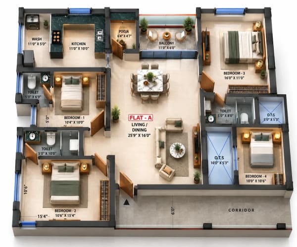 3 BHK Apartment floor plan — Dhiyas Sri Rangas