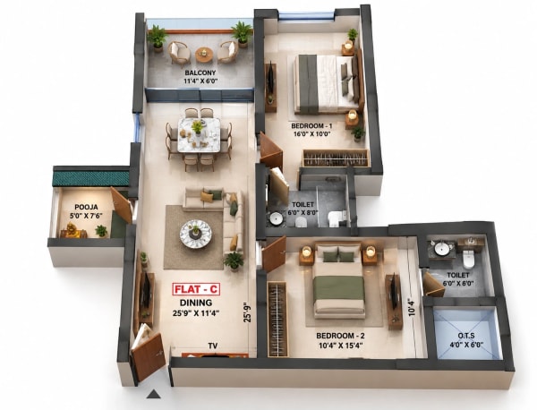 2 BHK Apartment floor plan — Dhiyas Sri Rangas