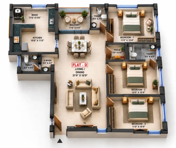 3 BHK Apartment floor plan — Dhiyas Sri Rangas