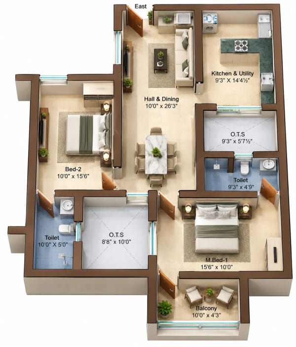 2 BHK Apartment floor plan — Sree Dakshas Diora