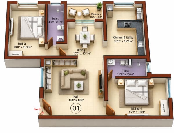2 BHK Apartment floor plan — Sree Dakshas Diora