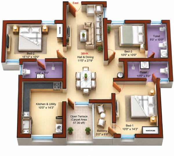 3 BHK Apartment floor plan — Sree Dakshas Diora