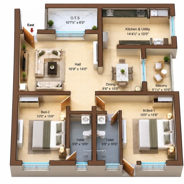 2 BHK Apartment floor plan — Sree Dakshas Diora