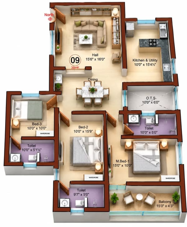 3 BHK Apartment floor plan — Sree Dakshas Diora